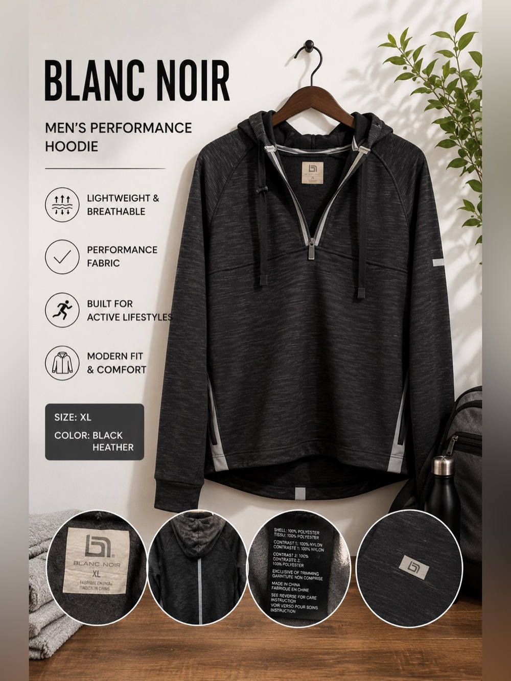 Blanc Noir Men's Charcoal Zip-Up Sweater Hoodie Lounge Athleisure Athletic